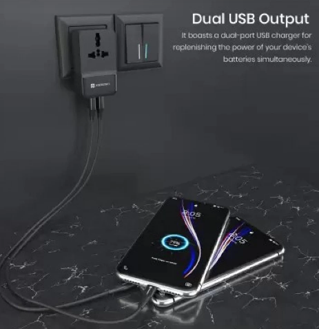 Portronics Adapto III Dual USB Adapter with 1 AC Power Socket 3.4Amp Total Output for Smartphones (POR-1362)