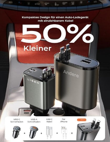 LISEN 84 W Cigarette Lighter USB C Retractable Car Charger Adapter