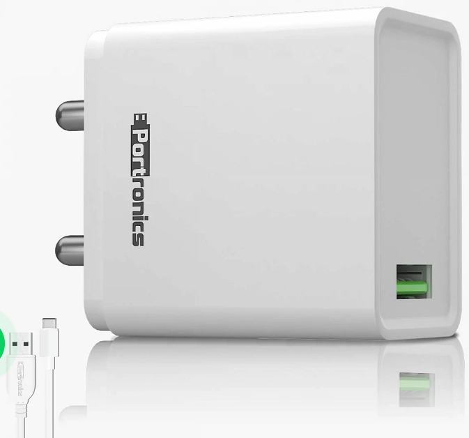 Portronics Adapto One 3A Quick Charger with Type C Cable, Single USB Port - White (POR 1104)