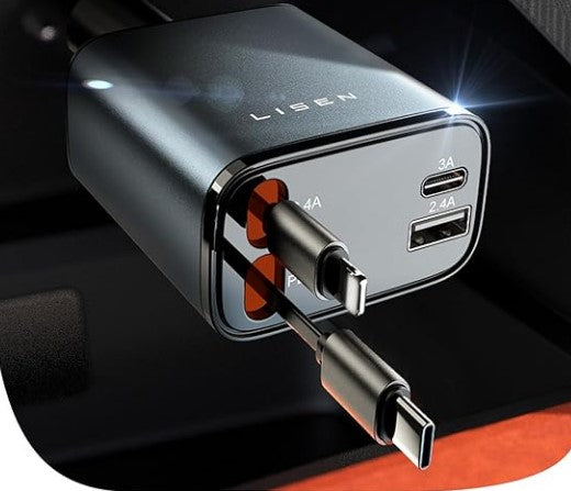 LISEN 84 W Cigarette Lighter USB C Retractable Car Charger Adapter