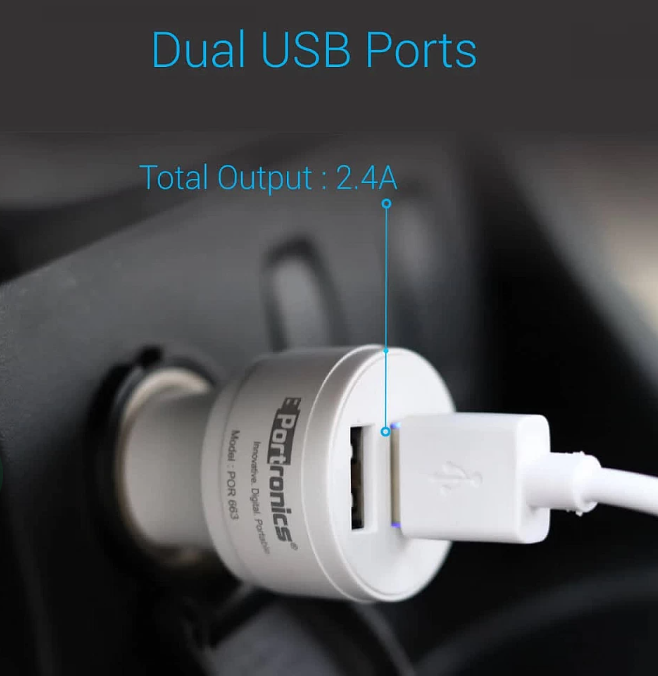 Portronics Car Power 2T 2.4A Car Charger with Dual USB Ports with Micro Cable (POR-663)